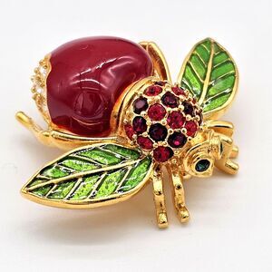 Joan Rivers Apple Bee Brooch Vtg Classics Collection Rhinestone Enamel Pin